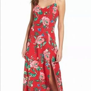 Love fire red floral max dress side slit medium